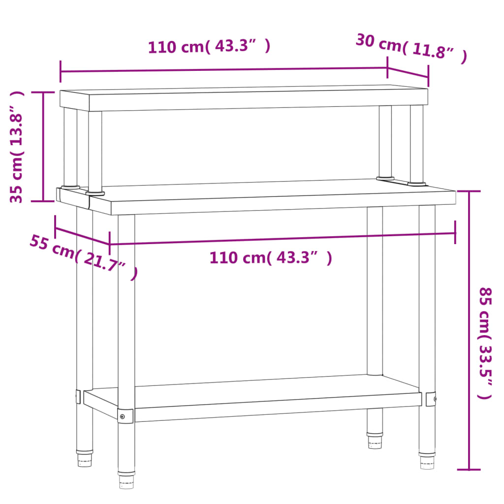 Küchen-Arbeitstisch Mit Aufsatzboard 110X55X120 Cm Edelstahl Weiß