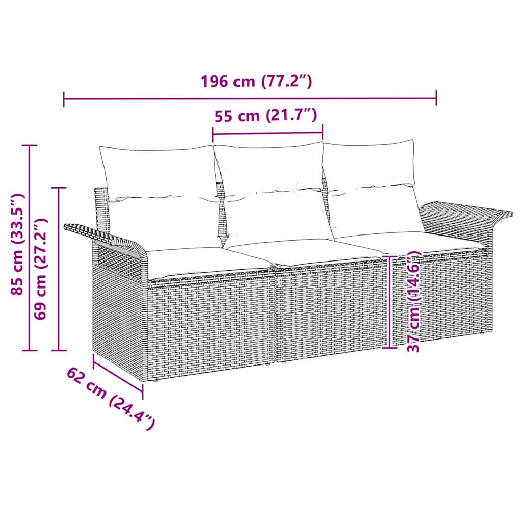 3-Teilige Garten Sofa Set Mit Kissen Poly Rattan
