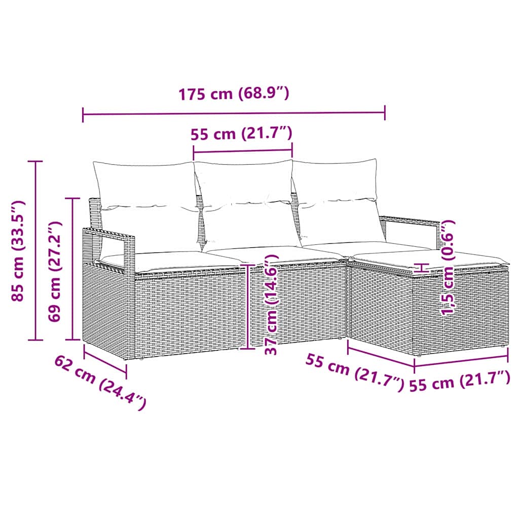 4-Teiliges Garten-Sofa-Set Mit Kissen In Aus Poly Rattan.