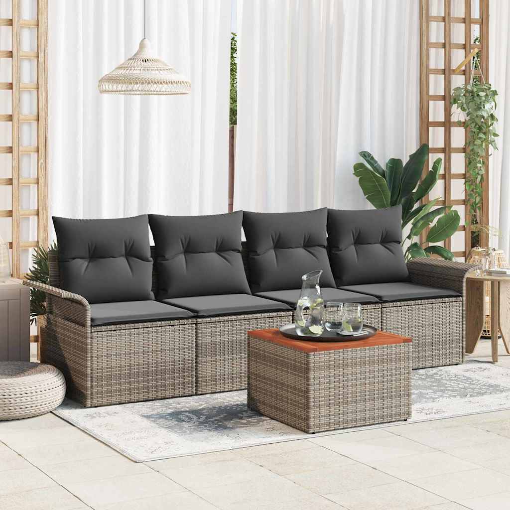 5-Teilige Garten Sofa Set Mit Kissen Poly Rattan Akazie