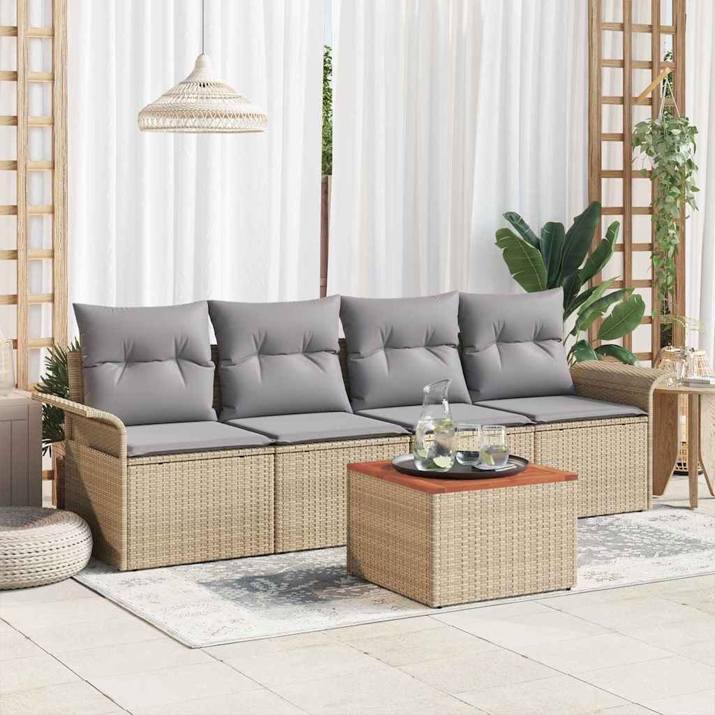 5-Teilige Garten Sofa Set Mit Kissen Poly Rattan Akazie