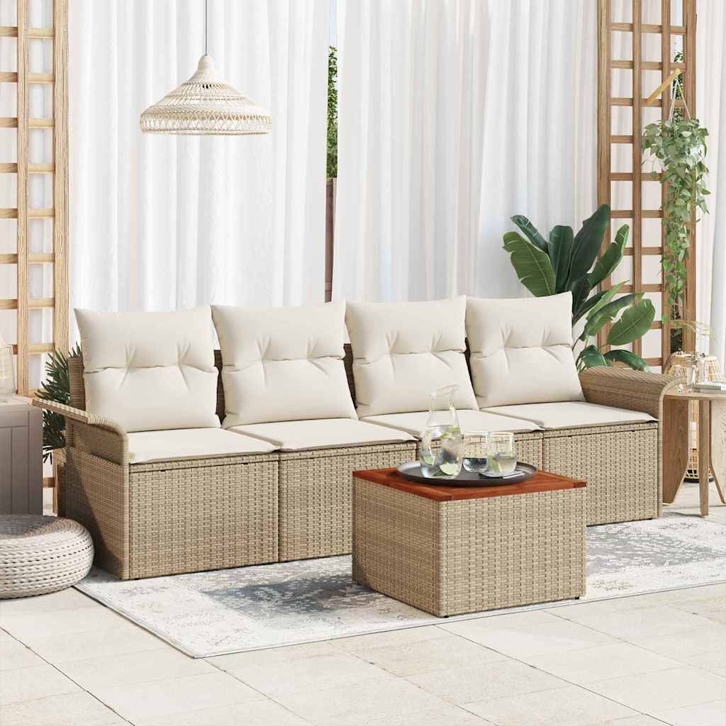 5-Teilige Garten Sofa Set Mit Kissen Poly Rattan Akazie