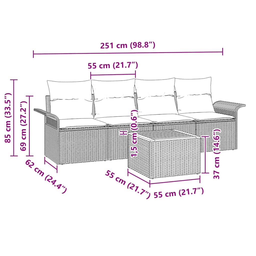 5-Teilige Garten Sofa Set Mit Kissen Poly Rattan Akazie