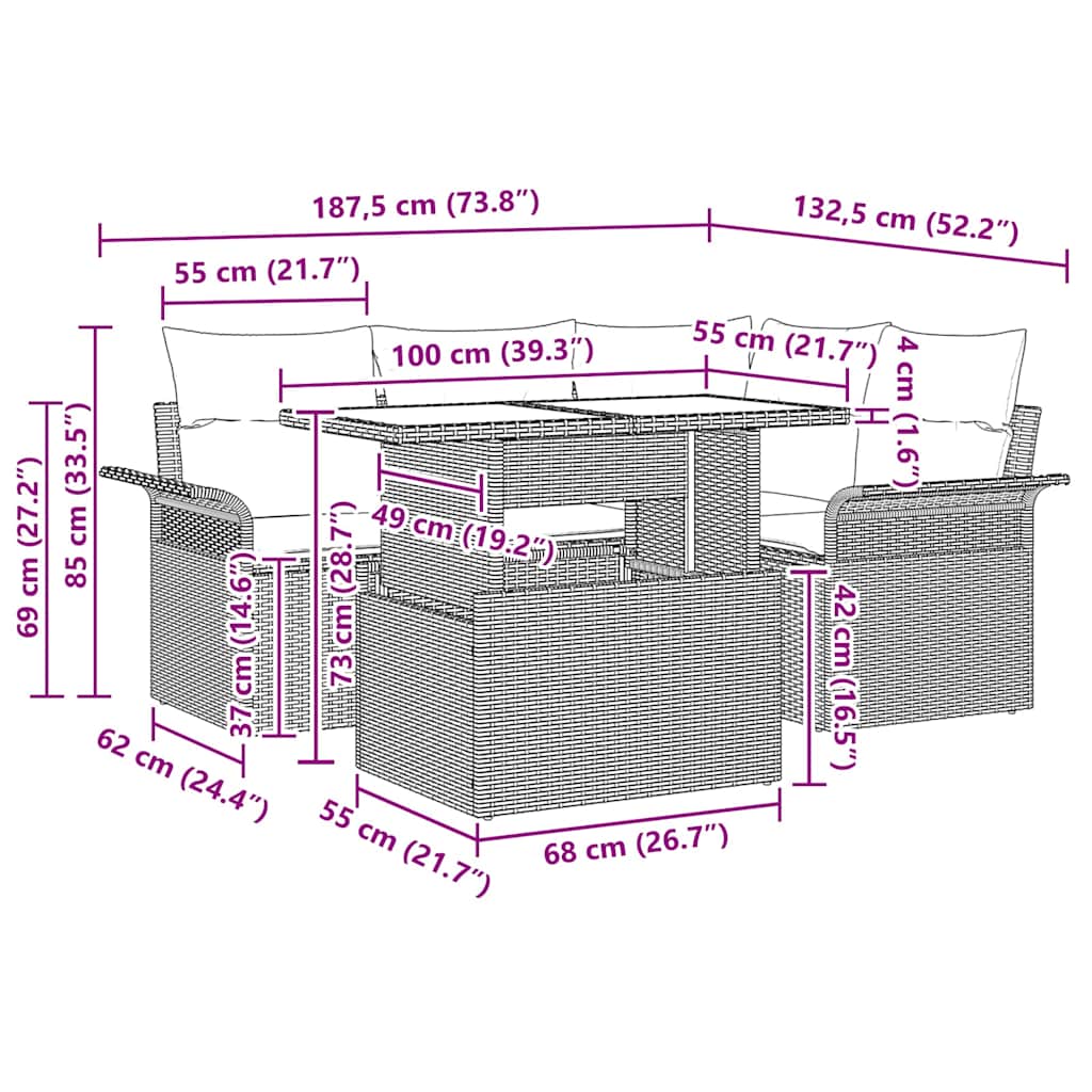 5-Teilige Garten Sofaset Mit Kissen Poly-Rattan