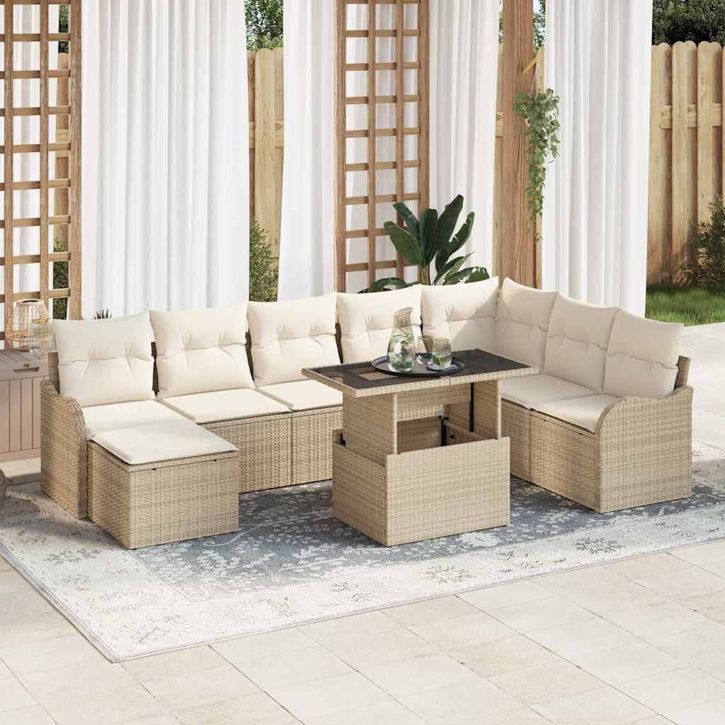 9-Teilige Garten Sofagarnitur Mit Kissen Beige Poly Rattan