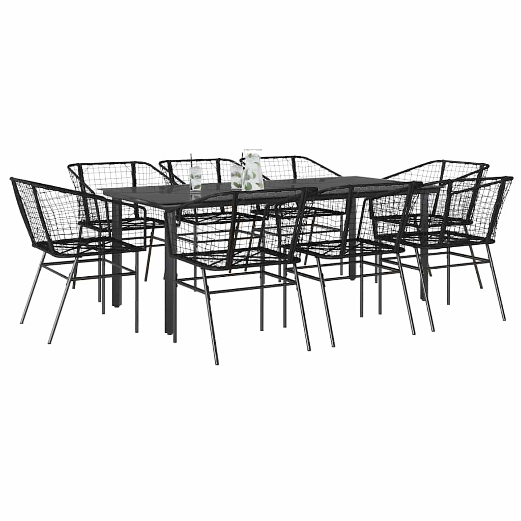 9-Tlg. Garten-Essgruppe Mit Kissen Schwarz Poly Rattan Glas
