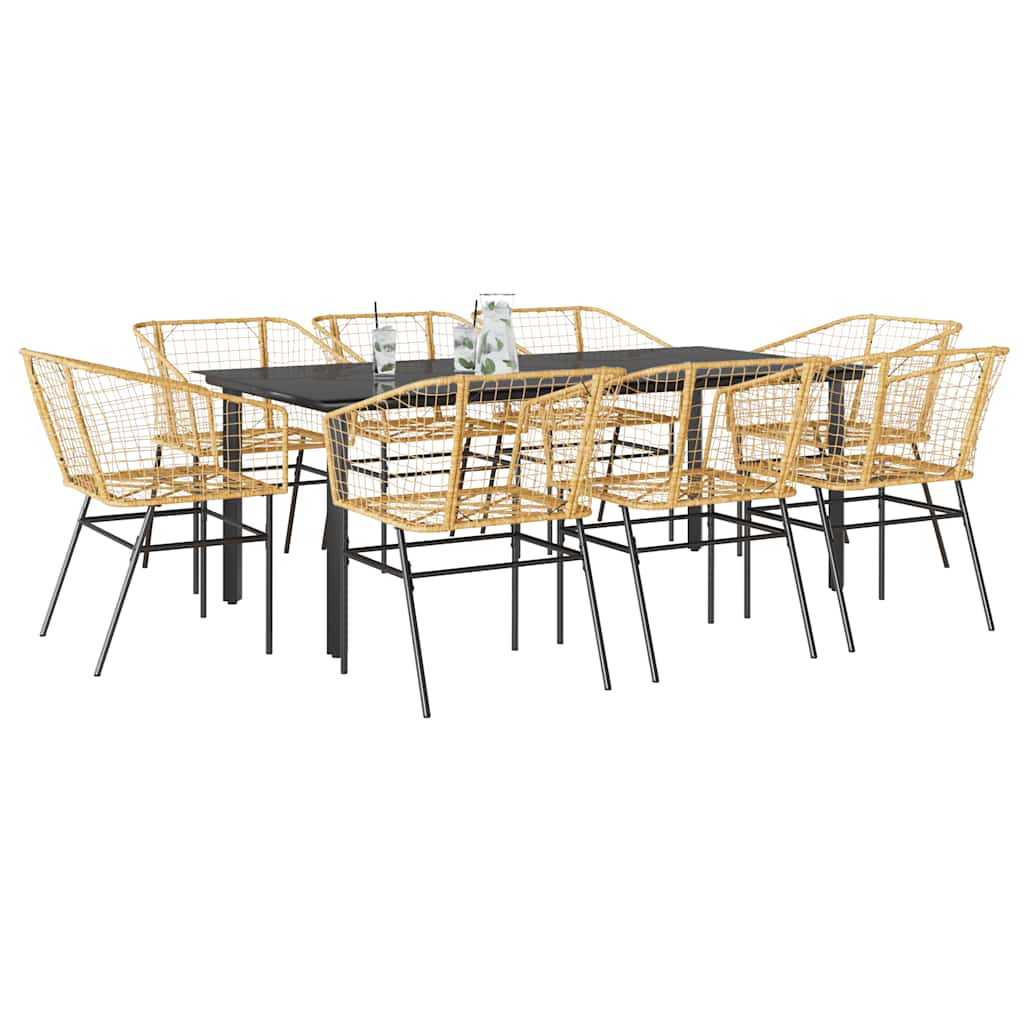 9-Tlg. Garten-Essgruppe Mit Kissen Schwarz Poly Rattan Glas