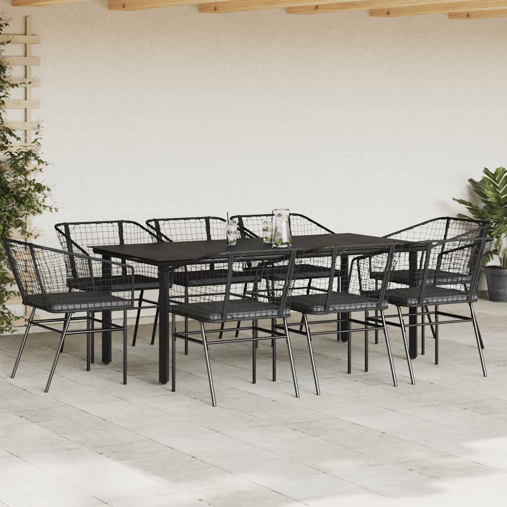 9-Tlg. Garten-Essgruppe Mit Kissen Schwarz Poly Rattan Glas