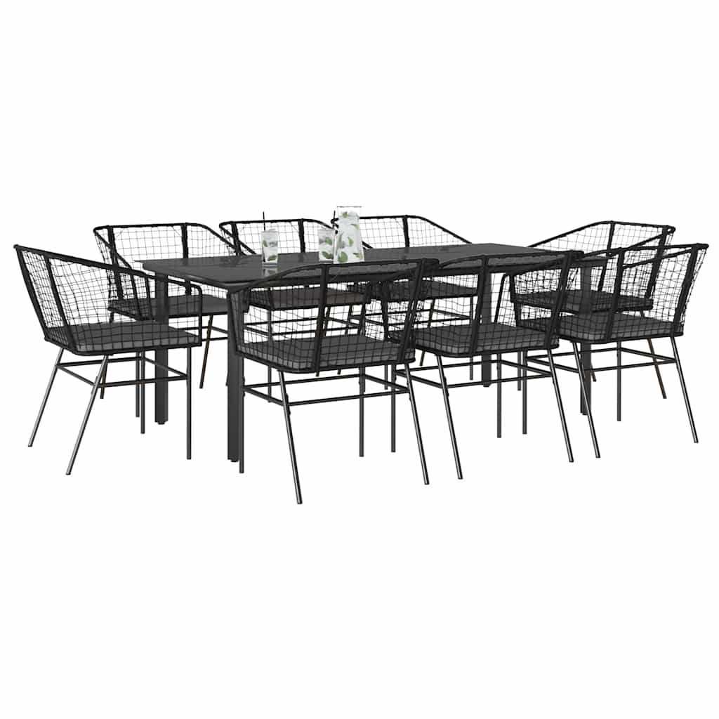 9-Tlg. Garten-Essgruppe Mit Kissen Schwarz Poly Rattan Glas