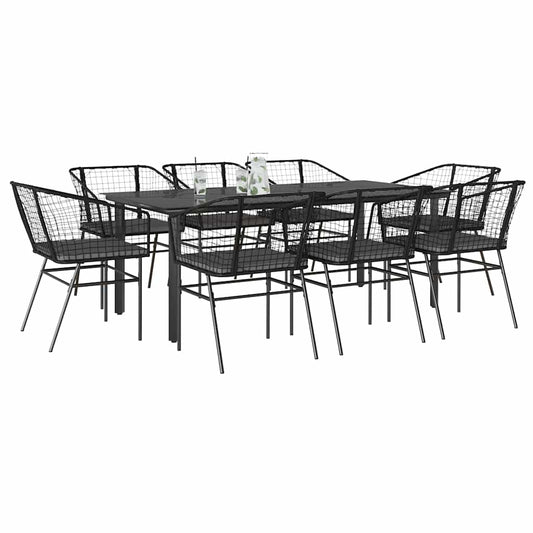 9-Tlg. Garten-Essgruppe Mit Kissen Schwarz Poly Rattan Glas