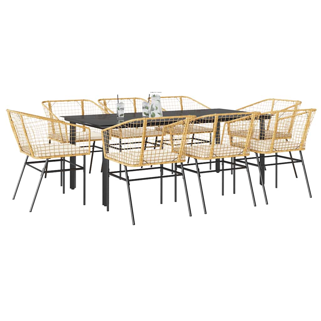 9-Tlg. Garten-Essgruppe Mit Kissen Schwarz Poly Rattan Glas