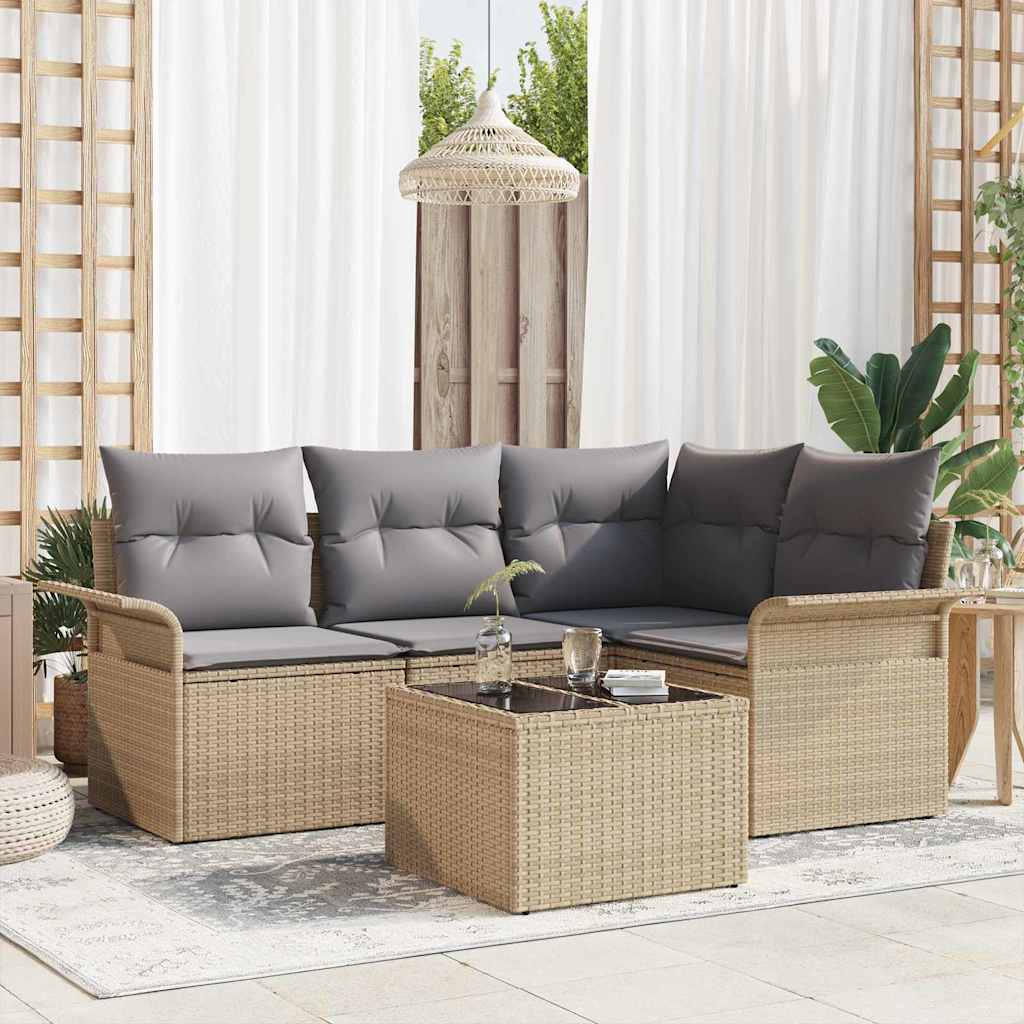 5-Teiliges Garten-Sofa-Set Mit Kissen Beige Poly-Rattan