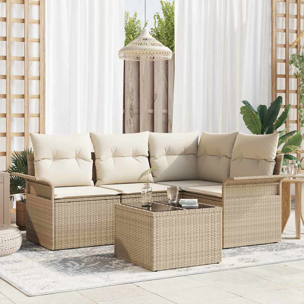 5-Teiliges Garten-Sofa-Set Mit Kissen Beige Poly-Rattan