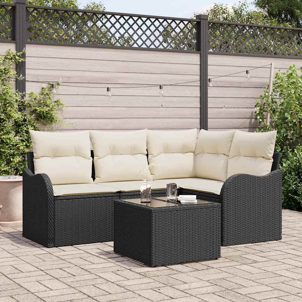 5-Teiliges Garten-Sofa-Set Mit Kissen In Schwarzem Poly-Rattan