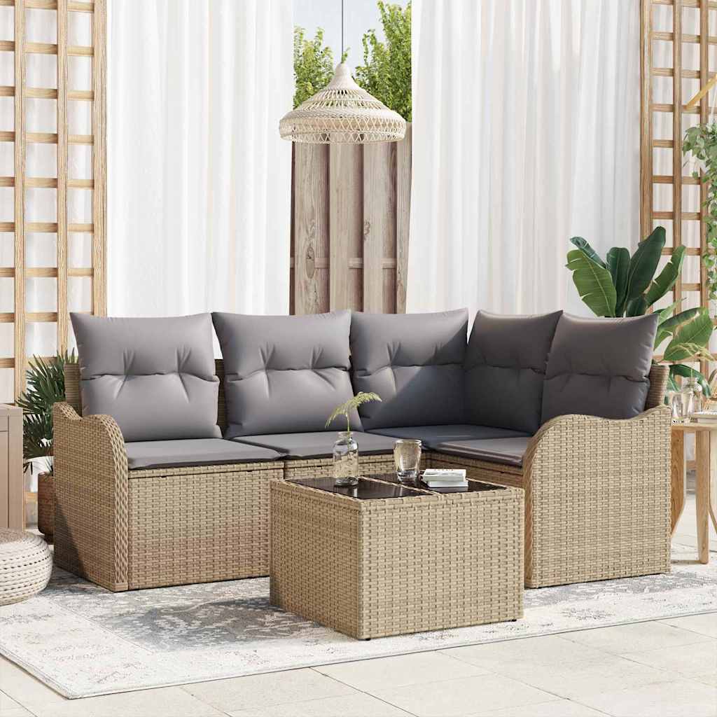 5-Teiliges Garten-Sofa-Set Mit Kissen In Schwarzem Poly-Rattan