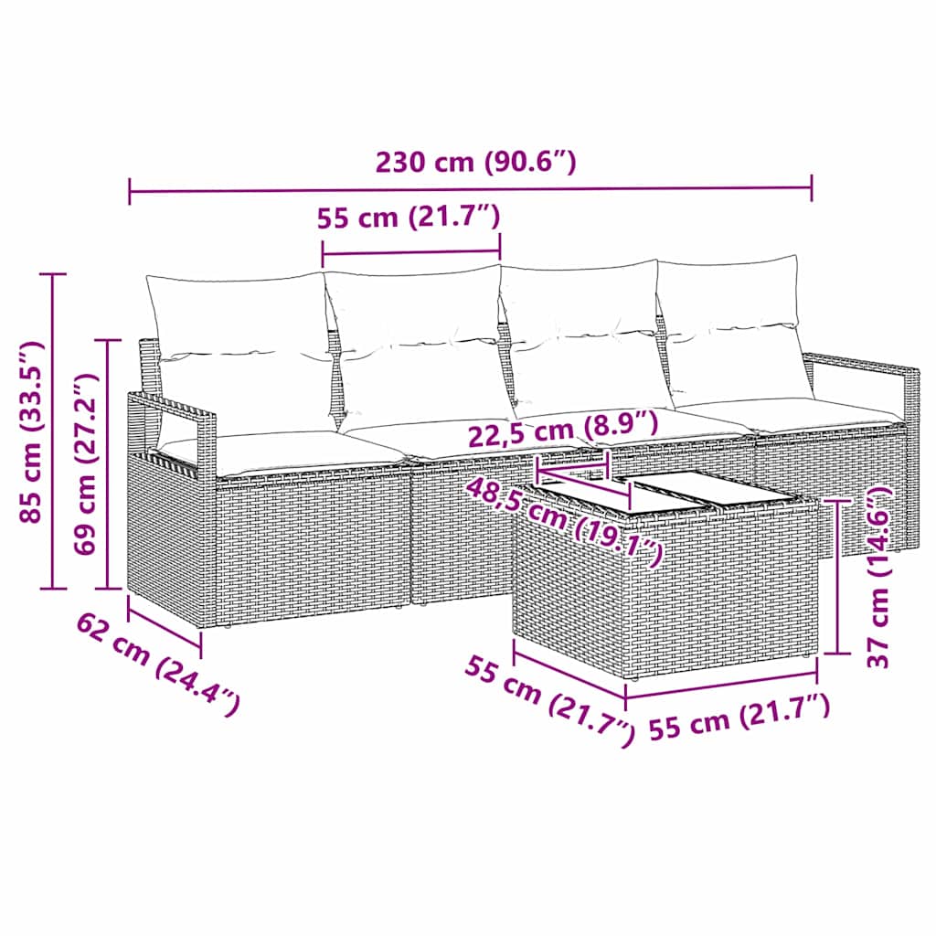 5-Teiliges Garten-Sofa-Set Mit Kissen In Aus Poly Rattan