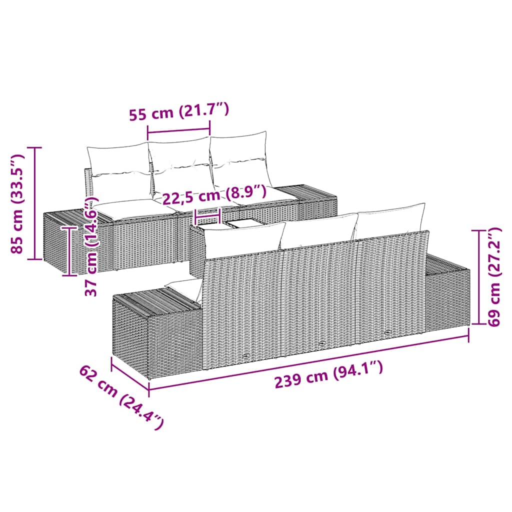 7-Teiliges Garten-Sofa-Set Mit Kissen Poly Rattan