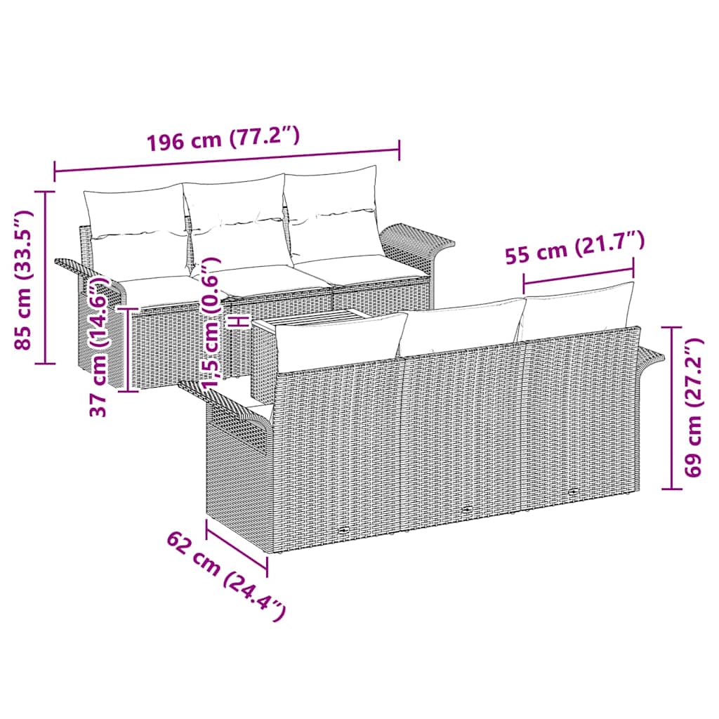 7-Teiliges Garten-Sofa-Set Mit Kissen Poly-Rattan Akazie