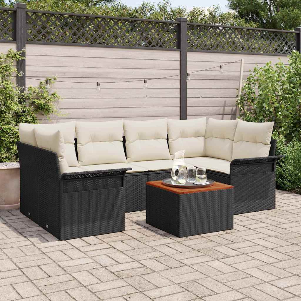 7-Teiliges Garten-Sofa-Set Mit Kissen Poly Rattan Akazie