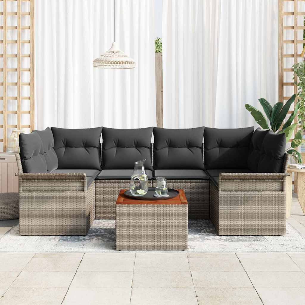 7-Teiliges Garten-Sofa-Set Mit Kissen Poly Rattan Akazie