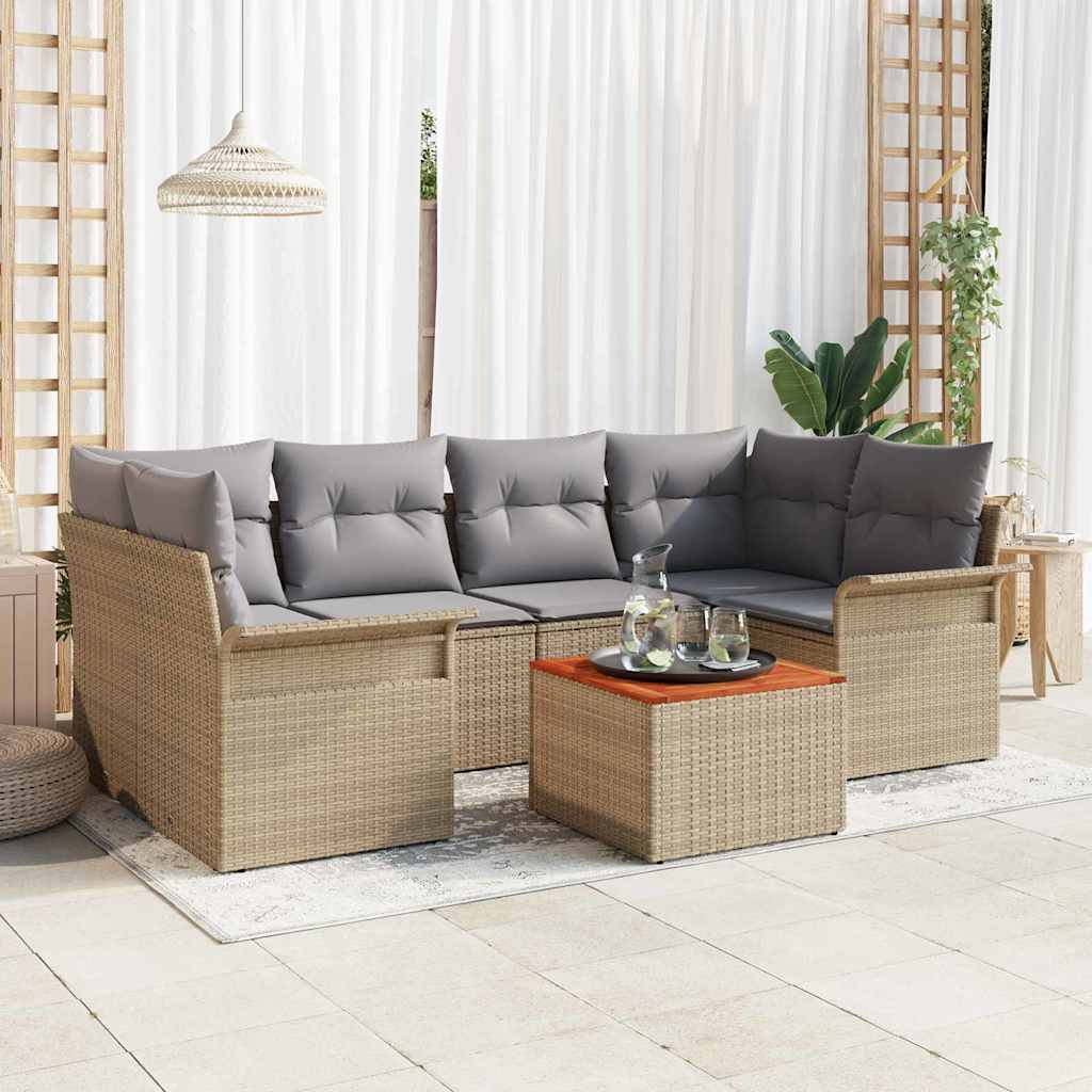 7-Teiliges Garten-Sofa-Set Mit Kissen Poly Rattan Akazie