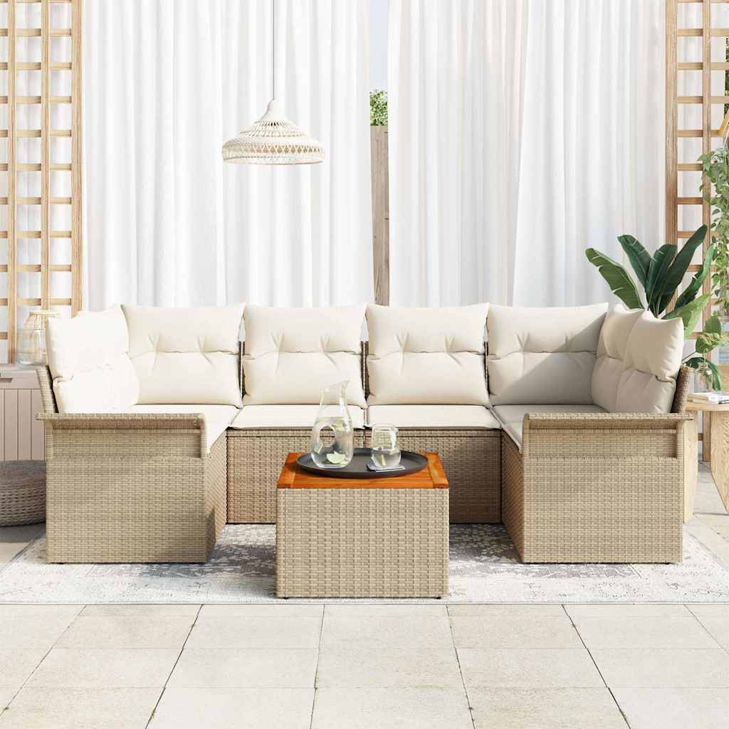 7-Teiliges Garten-Sofa-Set Mit Kissen Poly Rattan Akazie