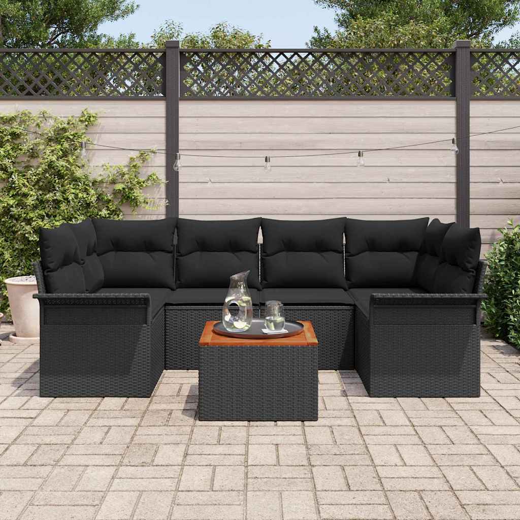 7-Teiliges Garten-Sofa-Set Mit Kissen Poly Rattan Akazie