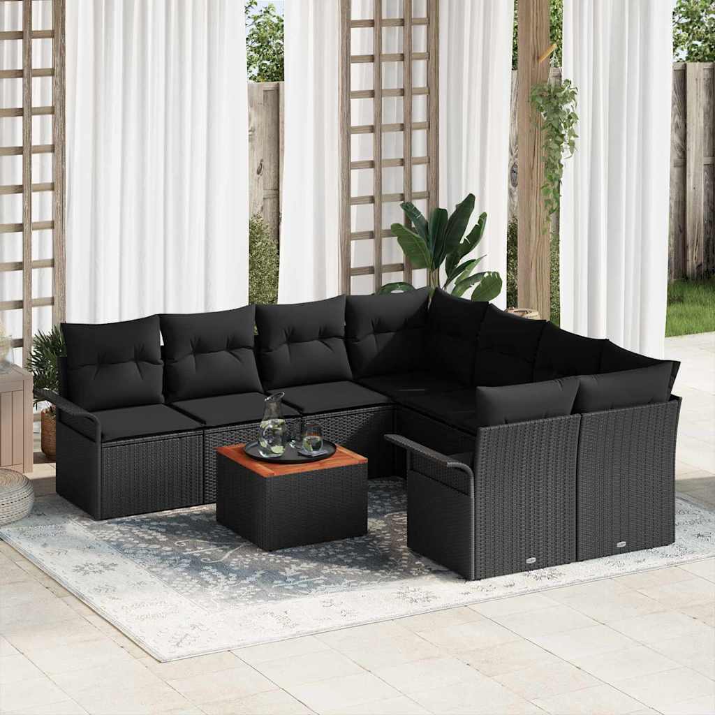9-Teiliges Garten-Sofa-Set Mit Kissen Poly-Rattan Akazie