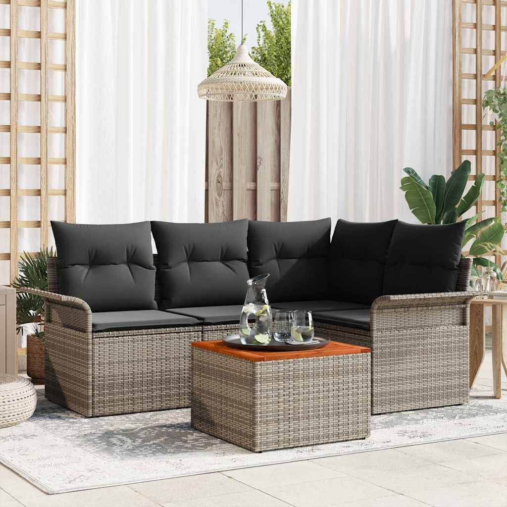 5-Teiliges Garten Sofa Set Mit Kissen Poly Rattan Akazie