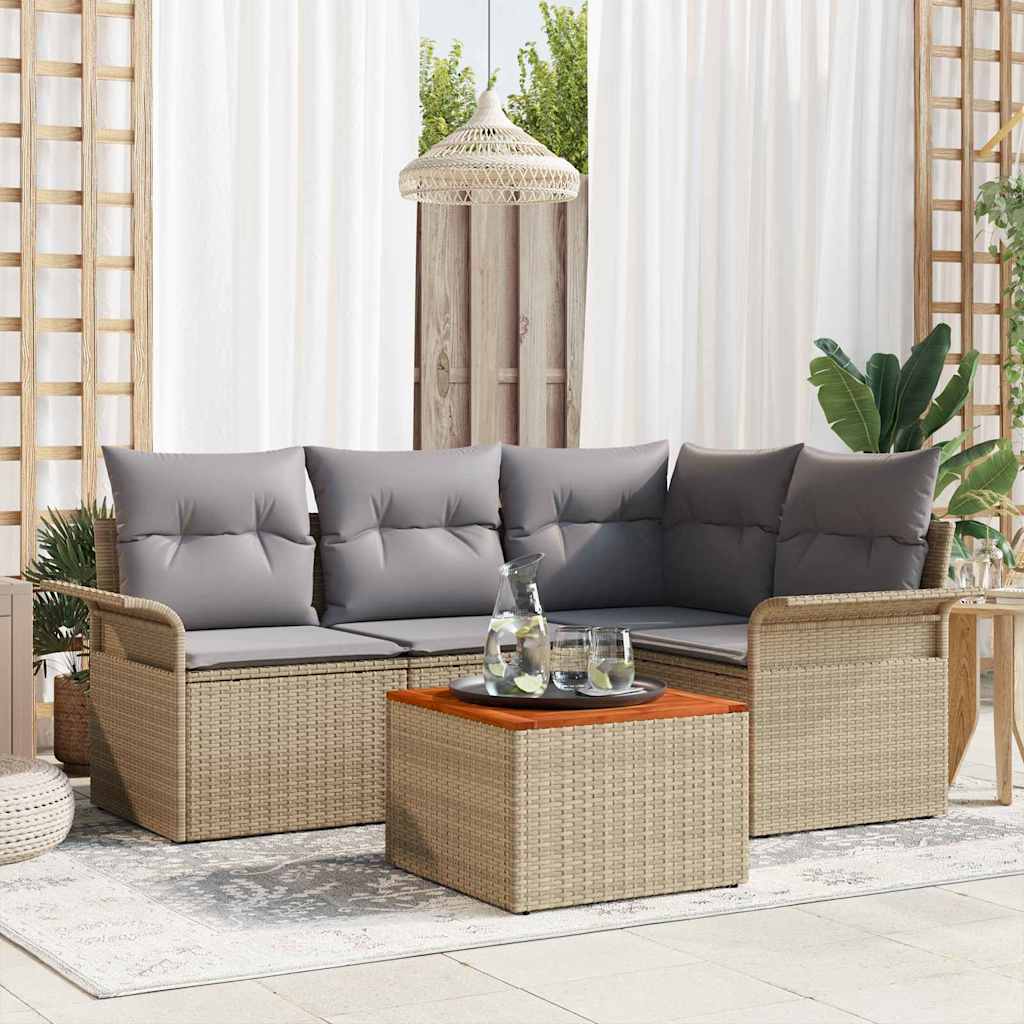 5-Teiliges Garten Sofa Set Mit Kissen Poly Rattan Akazie