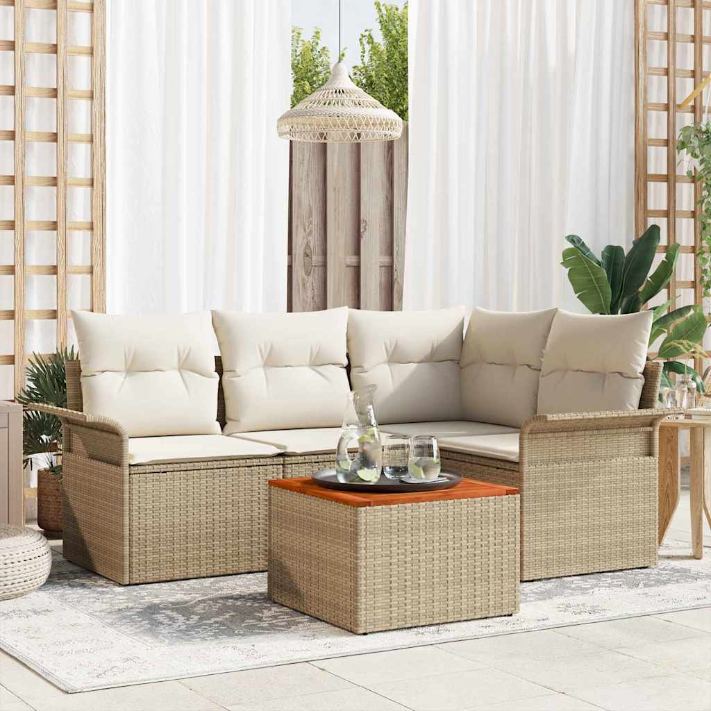 5-Teiliges Garten Sofa Set Mit Kissen Poly Rattan Akazie