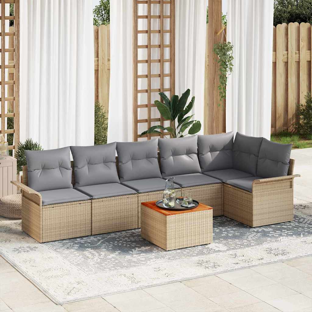 7-Teilige Garten Sofa Set Mit Kissen Poly Rattan Akazie
