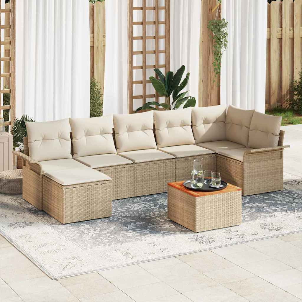 8-Teiliges Garten Sofa Set Mit Kissen Beige Poly Rattan Akazie