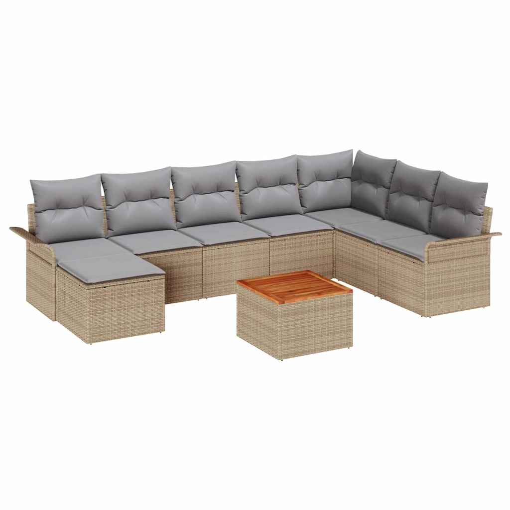 9-Teiliges Garten Sofa Set Mit Kissen Beige Poly Rattan Akazie