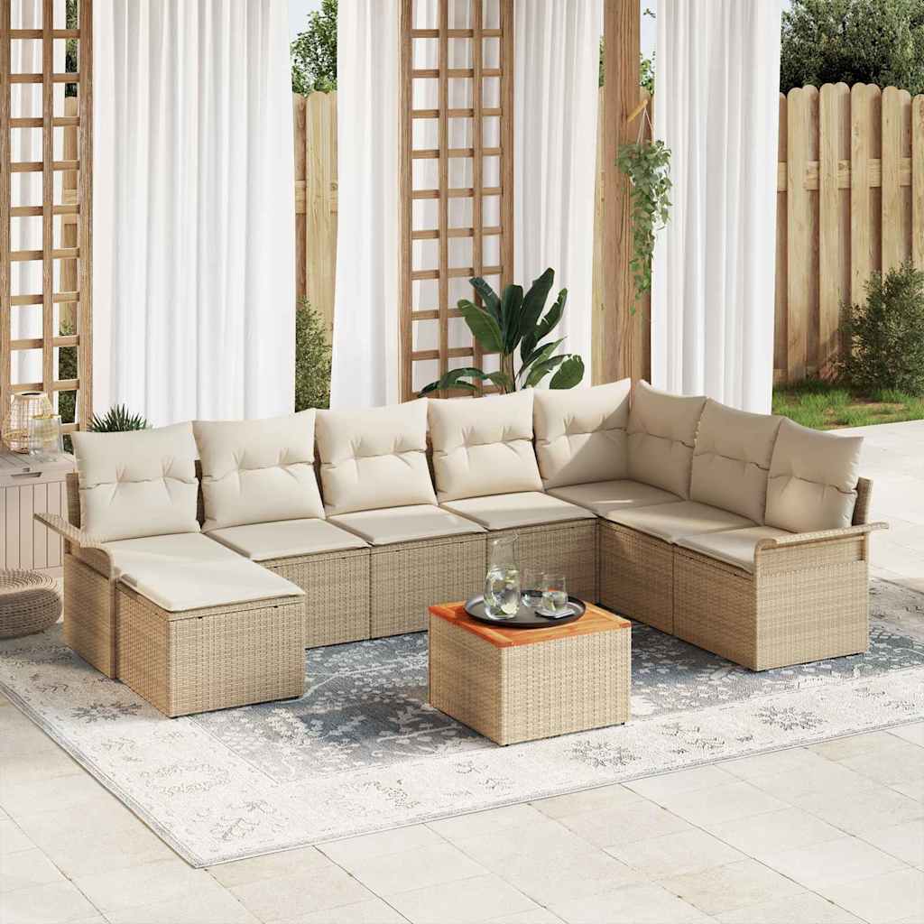 9-Teiliges Garten Sofa Set Mit Kissen Beige Poly Rattan Akazie