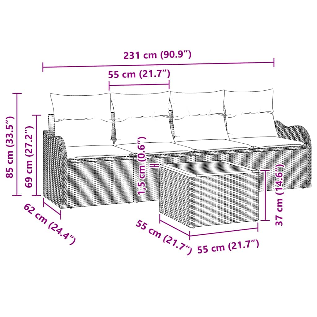 5-Teiliges Garten-Sofa-Set Mit Kissen Poly-Rattan Akazie
