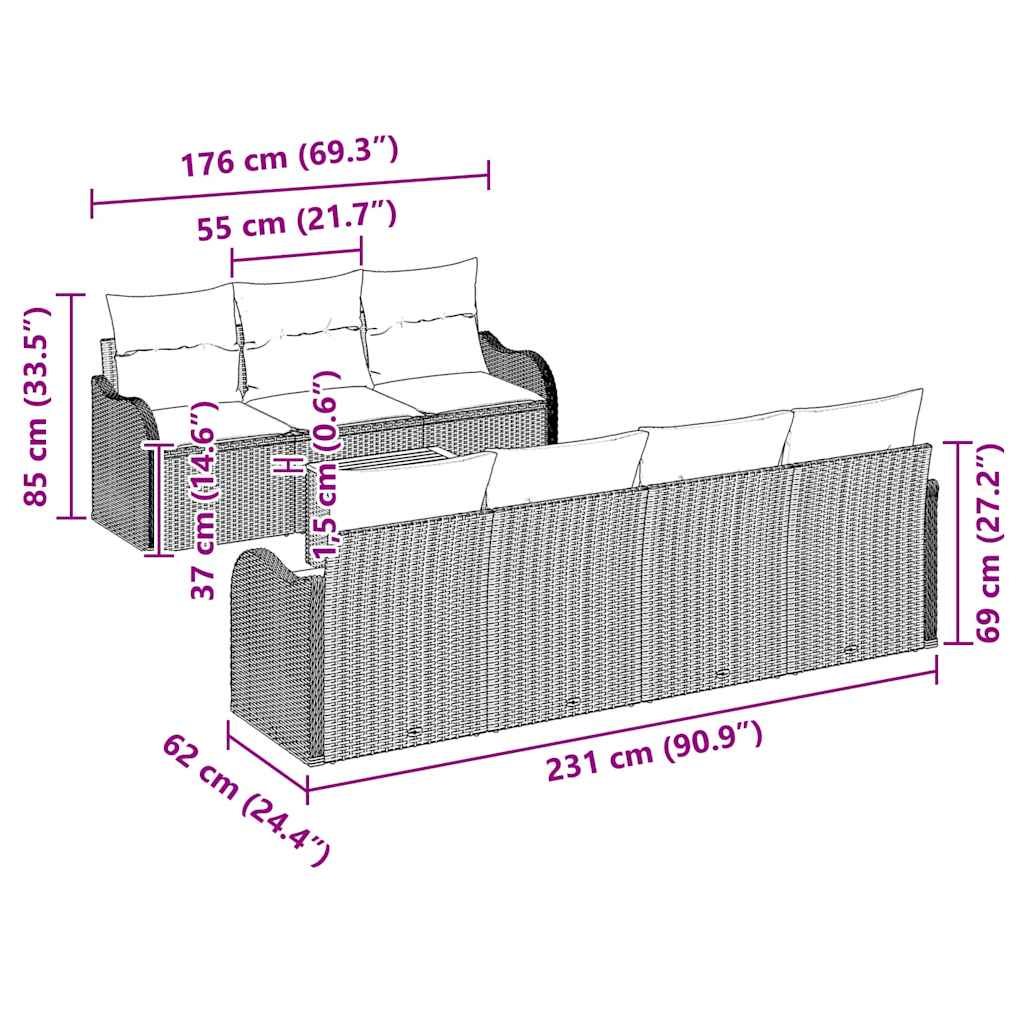 Garten Sofa Set 8 Pcs 4-Sitzer Rattan, Polyester