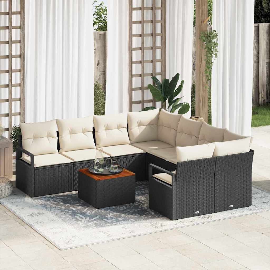 Garten Sofa Set 9 Pcs Mittel Poly-Rattan, Stahl, Holz