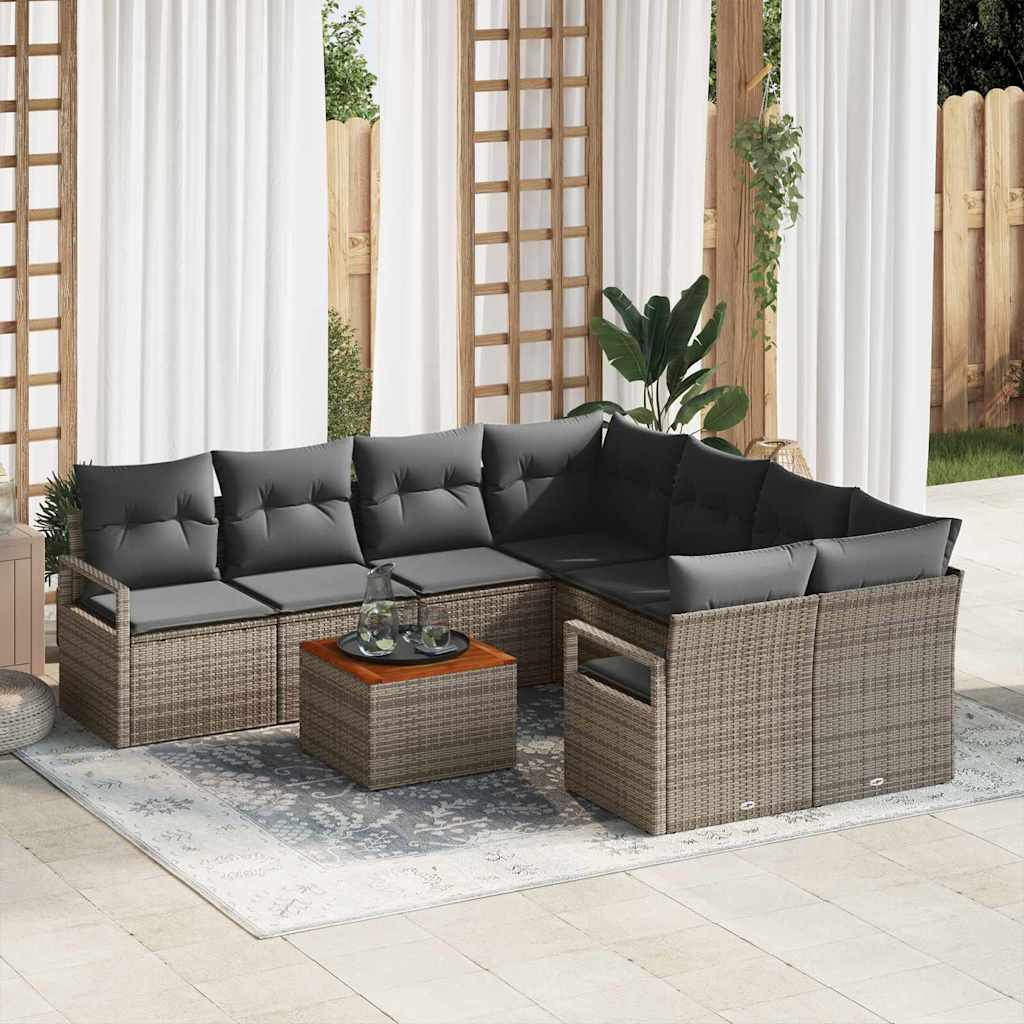 Garten Sofa Set 9 Pcs Mittel Poly-Rattan, Stahl, Holz