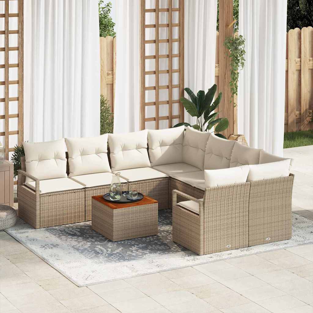 Garten Sofa Set 9 Pcs Mittel Poly-Rattan, Stahl, Holz