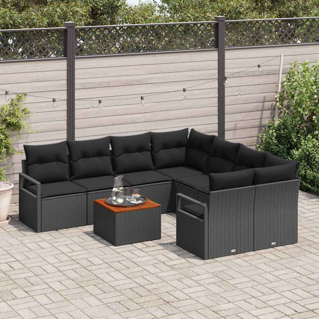 Garten Sofa Set 9 Pcs Mittel Poly-Rattan, Stahl, Holz