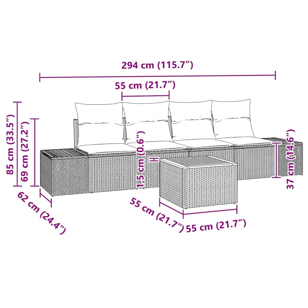 Garten-Sofa-Set 5 Pcs 55 X 55 X 37 Cm Rattan & Stahlrahmen