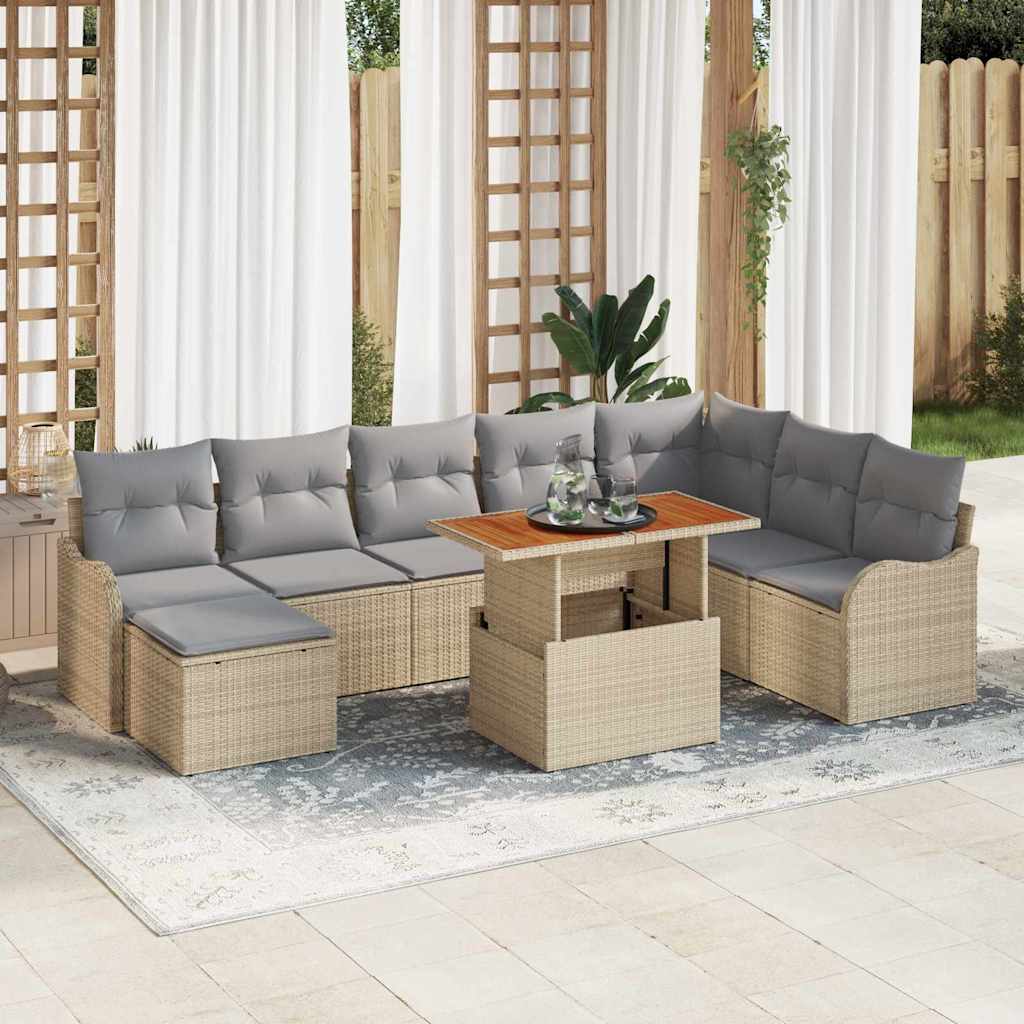 9-Teiliges Garten Sofa Set Mit Kissen Beige Poly Rattan